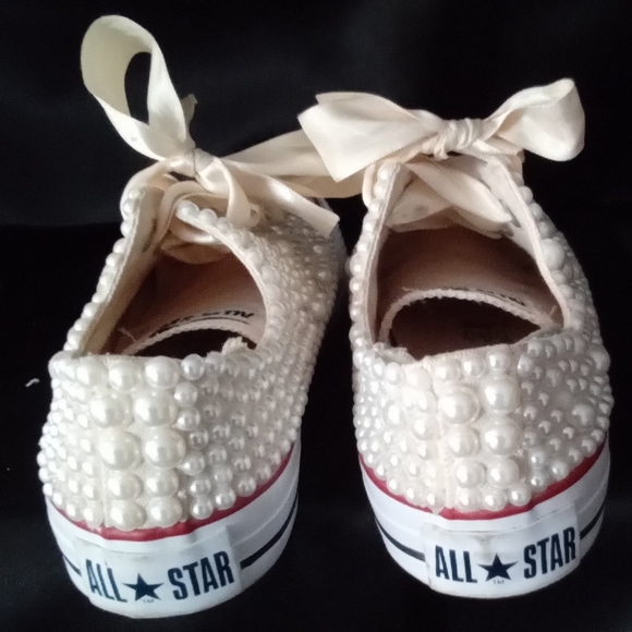 Custom Converse, pearl embellished w/ satin ribbon for laces, cr… - Picture 9 of 15
